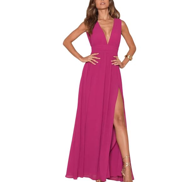 Lulus Women's Heavenly Hues‎ Fuschia Maxi Dress Sleeveless V-Neck Size L NWT - Picture 2 of 6